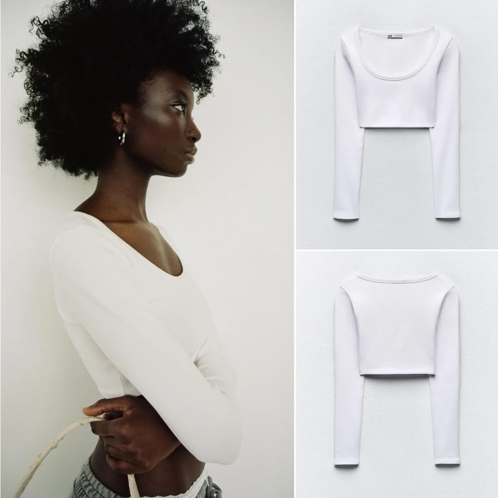 ZARA // white long sleeved cropped slim fit plunge round neck soft stretch top